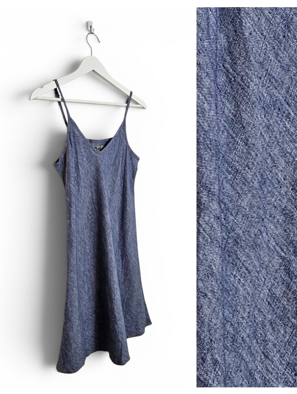 FLAX Blue Linen Dress Spaghetti Strap V-Neck A-Line Flowy Boho XS/PFLAX blue spa